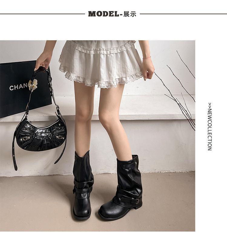 Western Cowboy Boots Women's Pleated Pile Boots Black Retro Coarse Heel Knight Boots Summer Short Boots 2025 New
