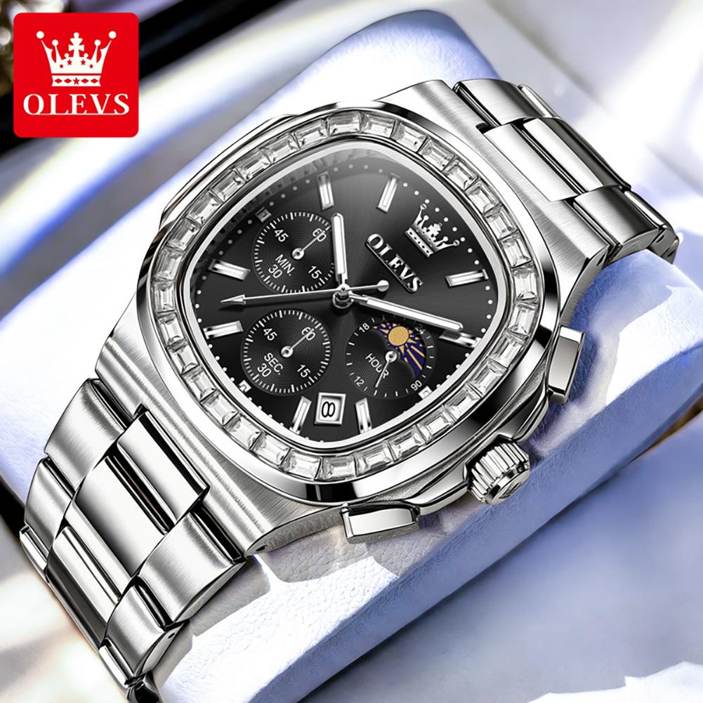 OLEVS New Original Luxury Fashion Square Quartz Watch Men Moon Phase Chronograph Watch Waterproof Luminous Date Watches For Man