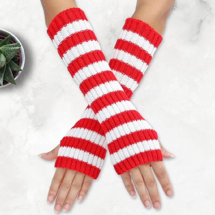 Teenagers Winter Half Finger Mitten Stripe Pattern Knit Keep Warm Lengthen Wrist