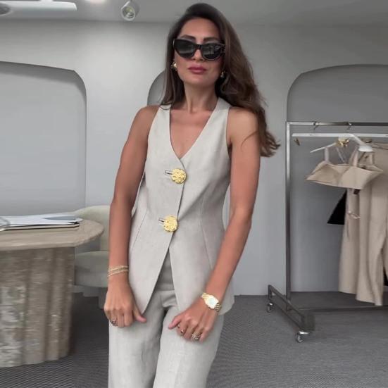 2 Pcs/Set Women Vest Pants Suit V Neck Button-down Sleeveless Top Wide Leg Loose Trousers Formal Business Style Commuter Outfit