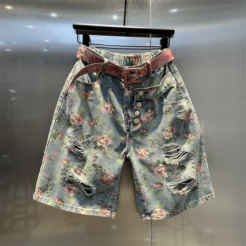 

Летние модные свободные и утягивающие широкие прямые брюки с модным принтом, рваные джинсовые шорты длиной пять четвертей для женщин 2XL