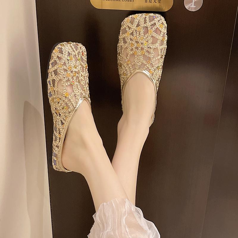 Fashion Glitter Cloth Covered Head Slippers Summer New Square Head Deep Mouth Soft Sole Anti-slip Wear-resistant Flat Shoes