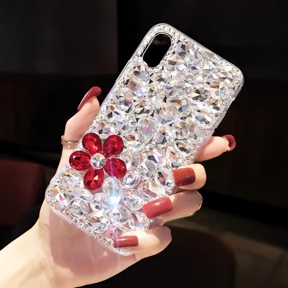 Glitter Rhinestone Flower Phone Case For iPhone 17 16 15 14 13 12 11 Pro Max Air mini 16e 8 7 Plus X XS XR SE, Sparkling Crystal Diamond Cover