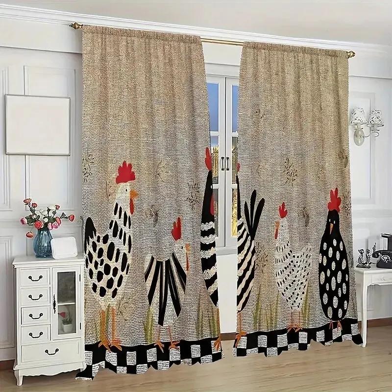 Colorful Cute Rooster Hen Pattern Printed Curtains Window Decorations Home Room Set Of 2 Made Polyester