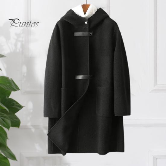 Lady Overcoat Women Winter Coat Long Sleeves Single-breasted Hooded Solid Color Pockets Keep Warm Cardigan Single Side Cashmere Wool Large Size Thick
