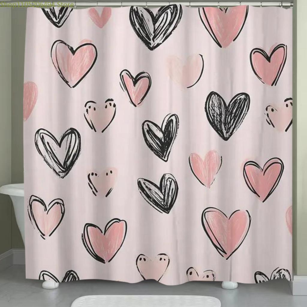 1pc Pink and Black Heart Pattern Polyester Shower Curtain, Fashion Theme, Washable, All-Season, with Hooks, for Home Bathroom