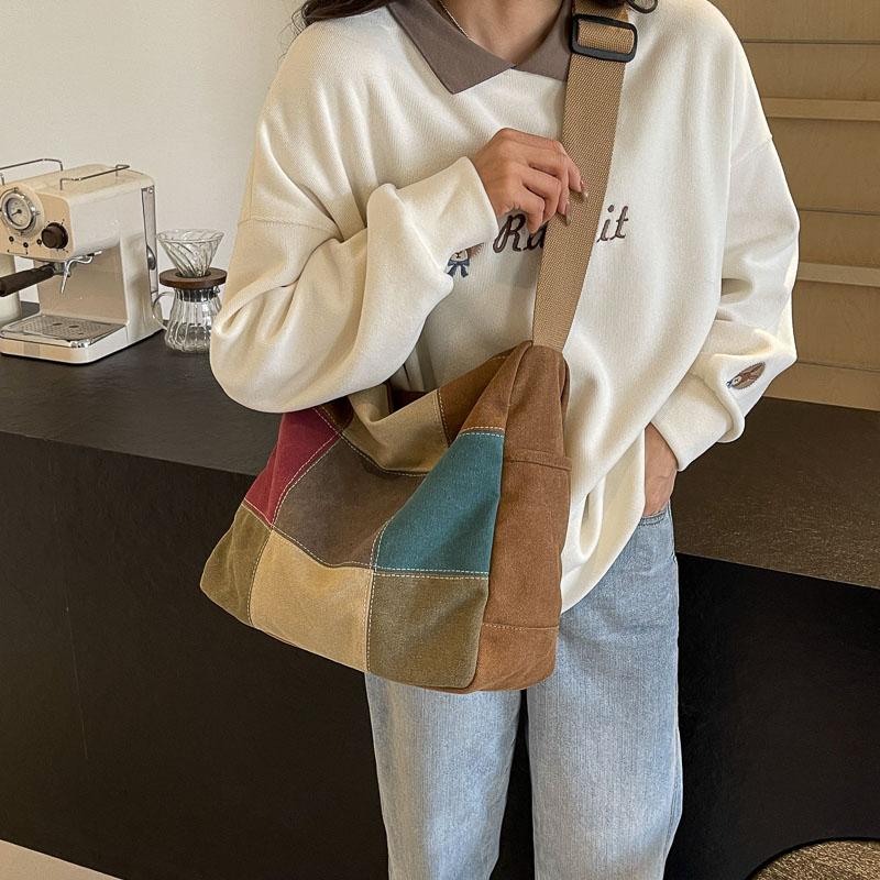 Large Capacity Stitching Contrast Canvas Bag Women's Crossbody Bag Student Class Commuter Bag