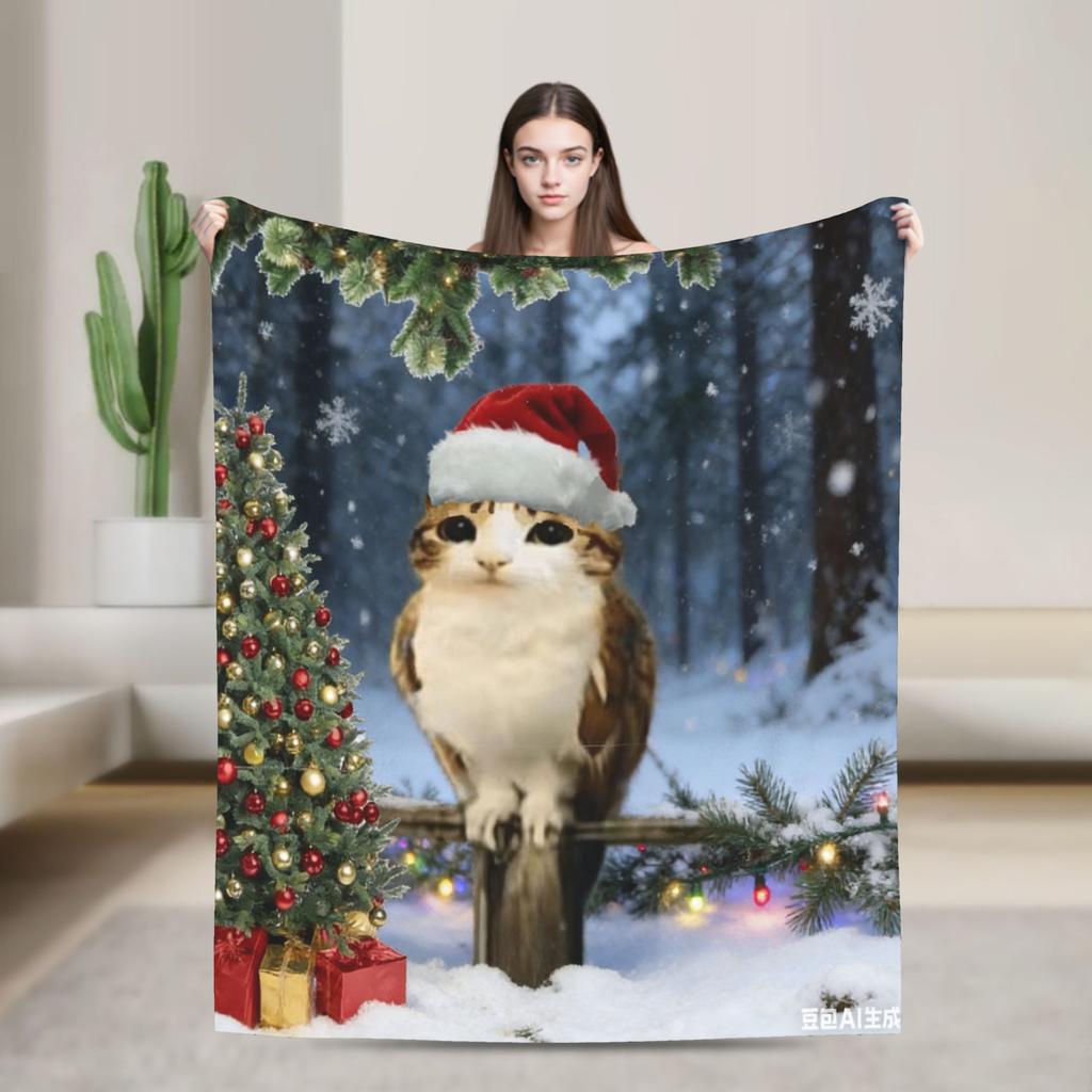 Cat Owl Funny Brainrot Christmas Blanket Soft Funny Plush Throw Blanket For Child Couch Chair Flannel Bedspread Bed Cover