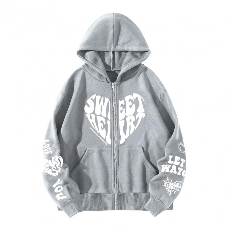 Fleece Y2K Letter Heart Print Oversized Zip Hoodie With Pocket Men Women