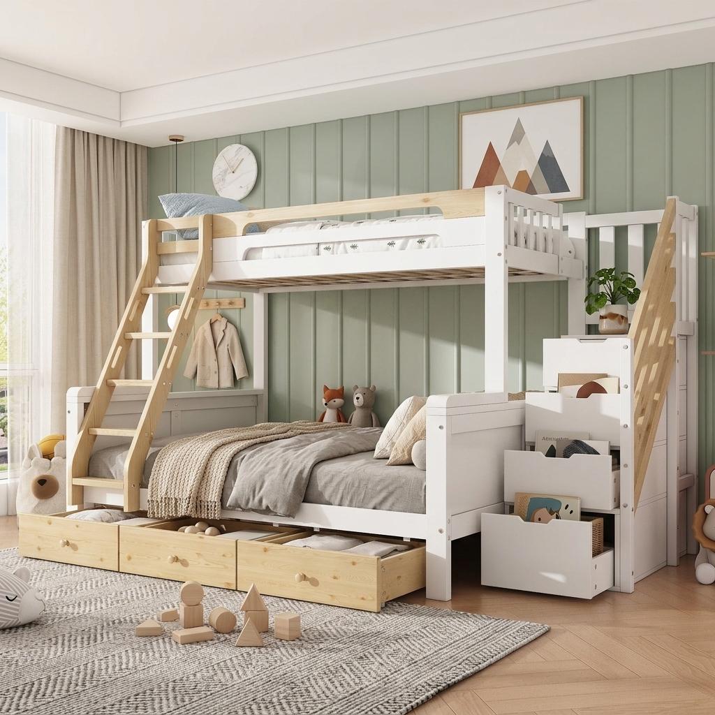 Bunk bed 90x200/140x200 cm white & natural, family bed made of wood with storage stairs, ladder, 3 bed drawers and fall protection for children's room