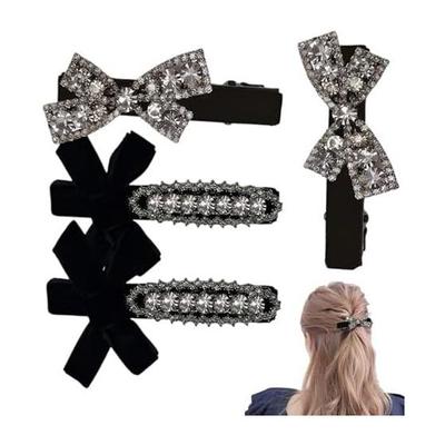 4-Piece Velvet Hair Clip Set for Women - Fashionable Mini Clips with Rhinestones, Elegant Ribbon Design for Everyday & Party Wear