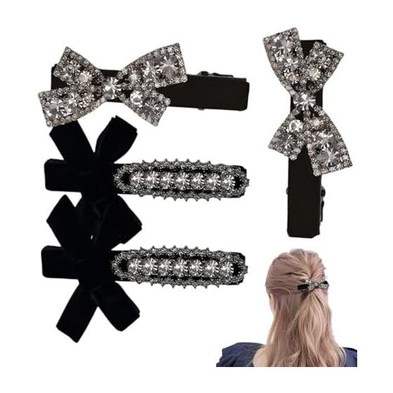 4-Piece Velvet Hair Clip Set for Women - Fashionable Mini Clips with Rhinestones, Elegant Ribbon Design for Everyday & Party Wear