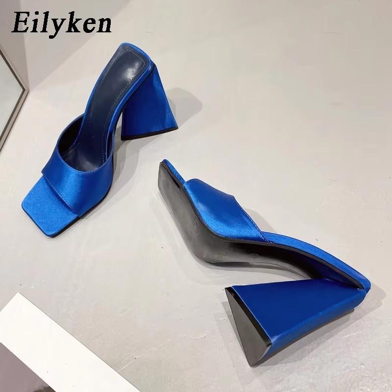 Eilyken 2025 New Arrival Summer Silk Triangle Square Heels Slippers Sexy Woman Party Square Toe Dress Slides Shoes