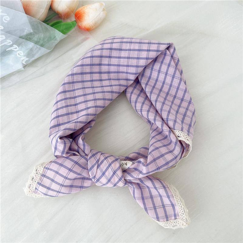 Cotton Linen Lace Edge Square Scarves 60cm Kerchief Neckerchief Bandanas Women Casual Neck Scarf Plaid Print Geometric Pattern