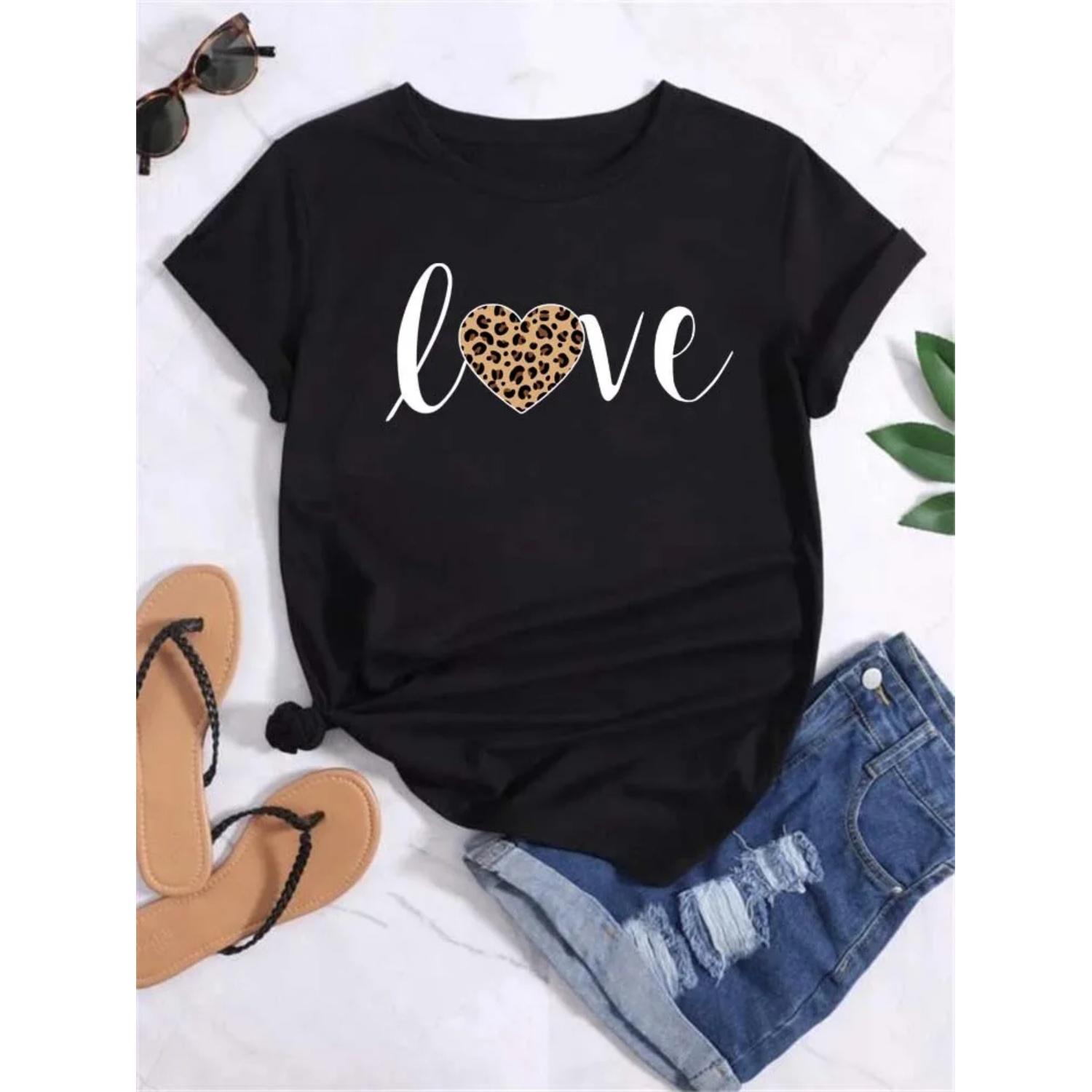 

Maycaur Women Graphic Leopard Love Fashion Short Sleeve T Shirt 90s Ladies Print Clothes Casual Female T Shirt Womens T-Shirt S чёрный