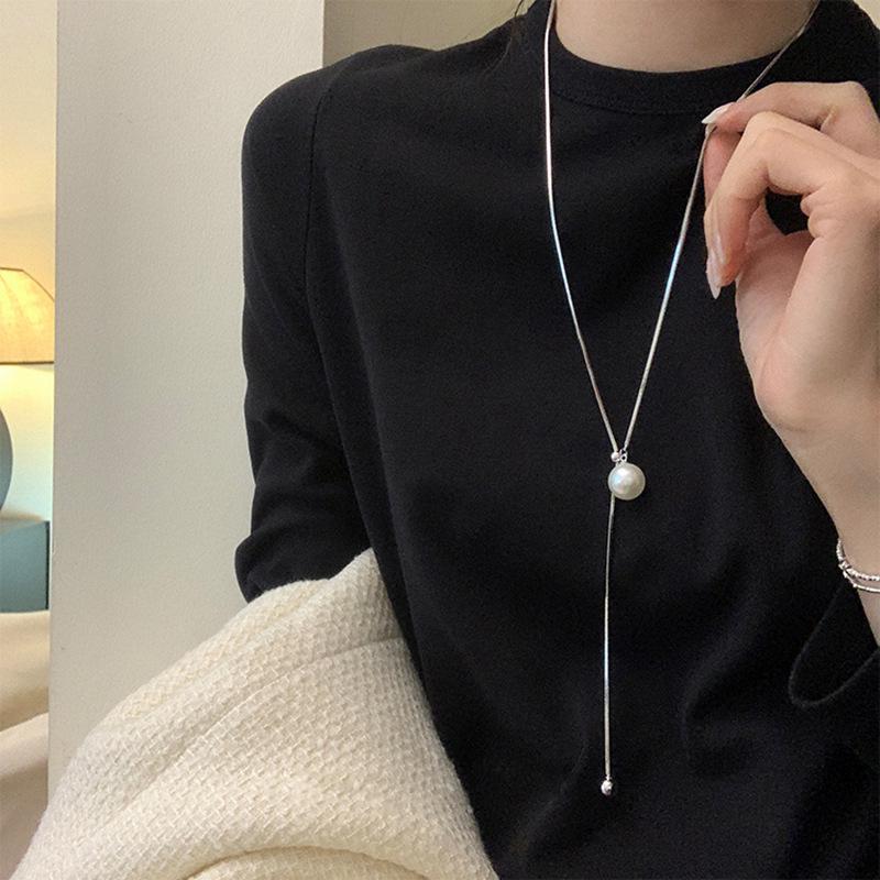 

Minimalist Women s Pearl Necklace, S925 Sterling Silver, Adjustable Long Sweater Chain