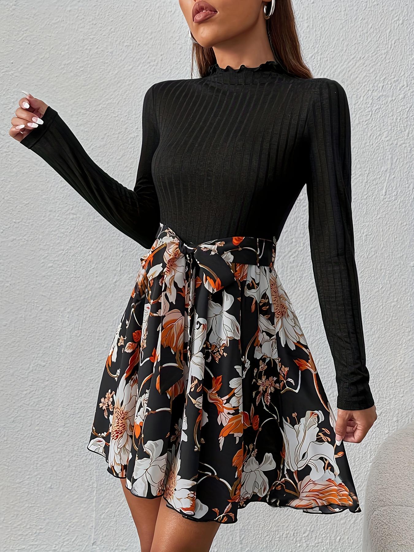 

Elegant High-Waist Patchwork Long-Sleeve Dress for Women L чёрный