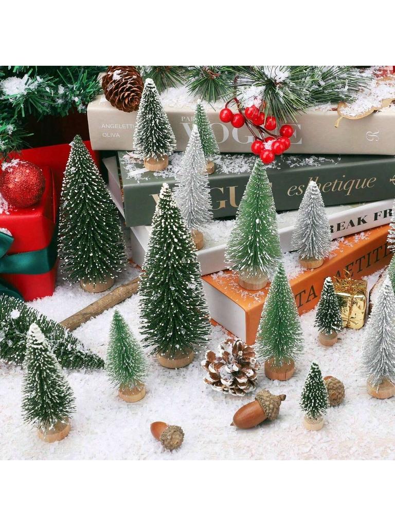 30pcs Christmas Decorations, Mini Christmas Trees, Artificial Christmas Trees, Wooden Base Christmas Decorations, Christmas Part