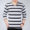Spring and Autumn Men's V-neck Stripe Thread Decoration Loose Casual Fashion Elegant Commuting Long Sleeved Bottom Shirt