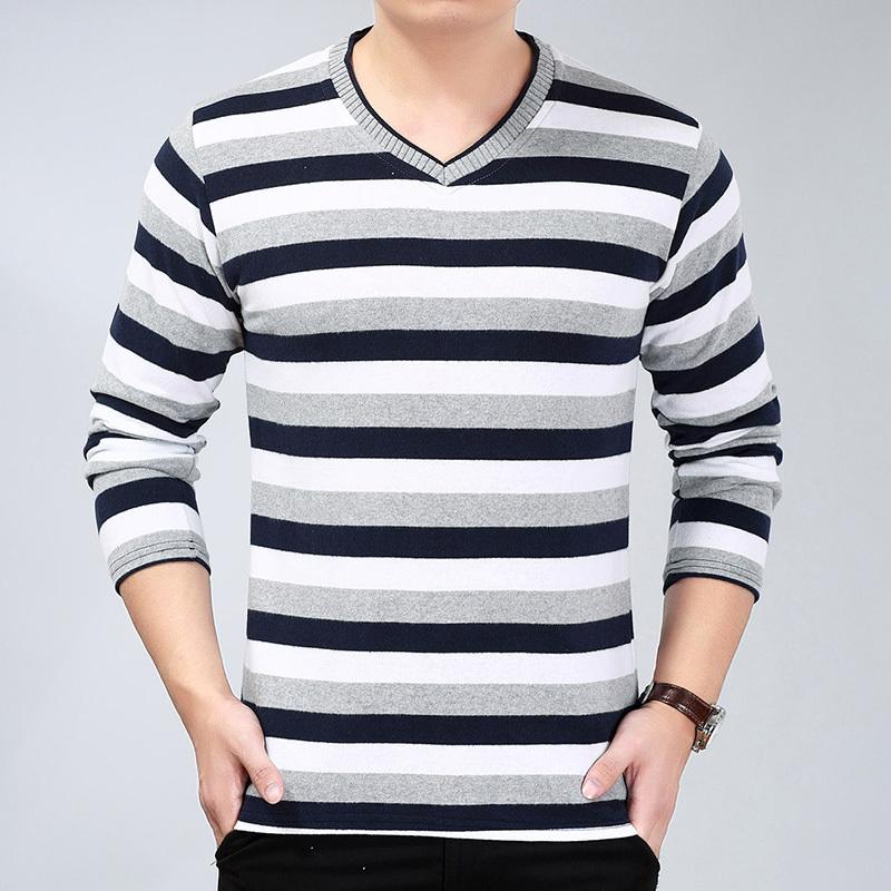 Spring and Autumn Men's V-neck Stripe Thread Decoration Loose Casual Fashion Elegant Commuting Long Sleeved Bottom Shirt