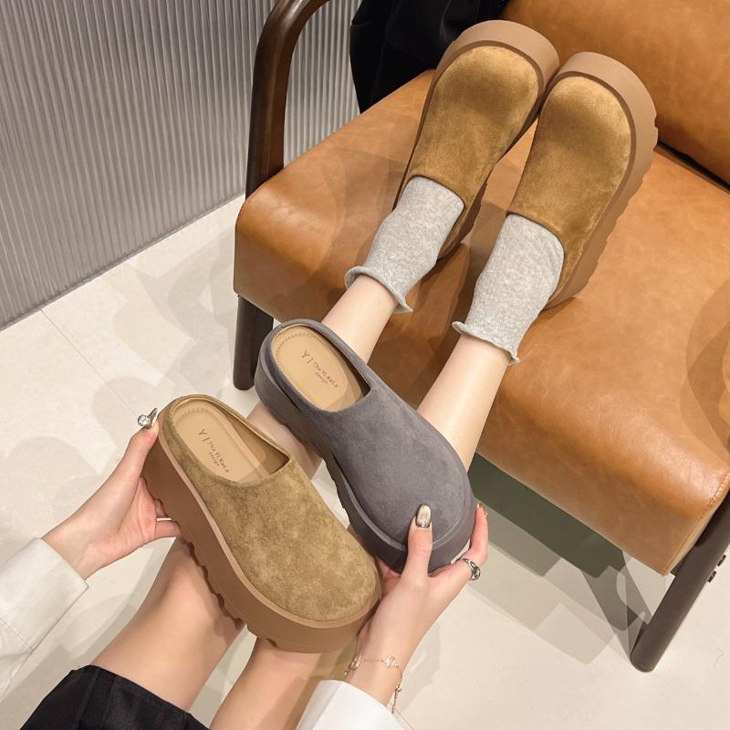 Leather thick-soled bag head half slippers women's new spring and autumn outer wear versatile casual height-increasing lazy slippers
