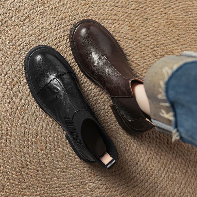 Krazing Pot Sheepskin Pleated Decoration Autumn Winter Shoes Chunky Heels Size 43 Size 42 Round Toe Slip on Retro Fashion Ankle Boots
