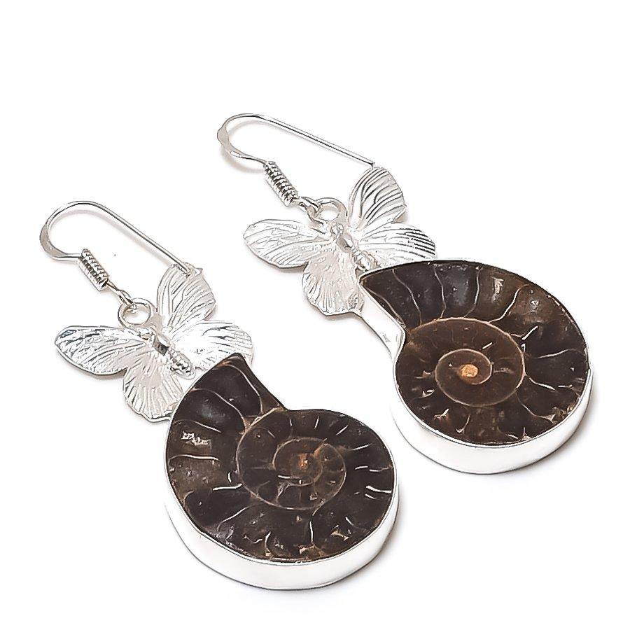 Natural Ammonite Fossil Gemstone 925 Sterling Silver Jewelry Earring 2.40  AE-11867