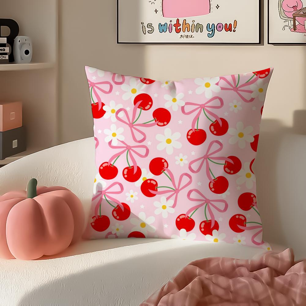 Sweet Girly Floral Art Pink Bow Cherry Pattern Cushion Cover Pillowcase Short Plush Invisible zipper Room Sofa Cushion Cover