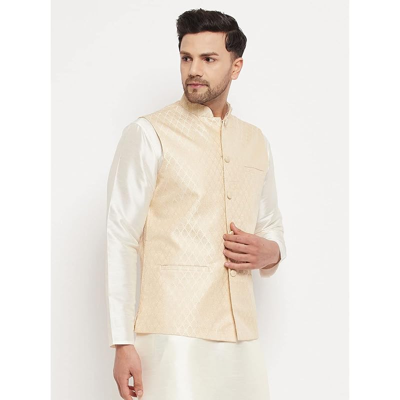 VASTRAMAY VM Mens Silk Blend Nehru Jacket Timeless Style & Versatility | Banarasi Brocade Woven Jaquard Modi Jac