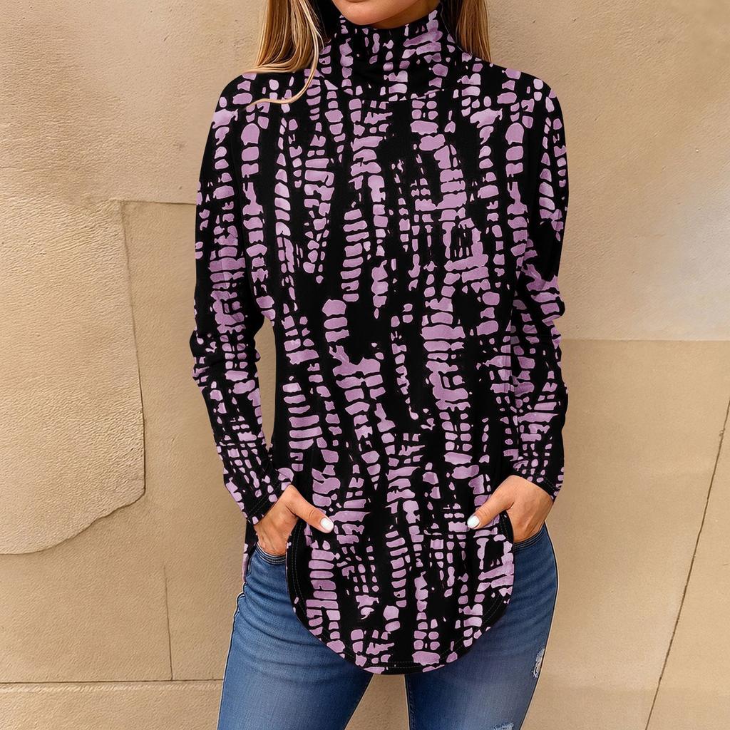 Tee Shirts For Women Fall Casual Long Sleeve Shirts Sweatshirt Vintage Printed High Neck Top Pullover