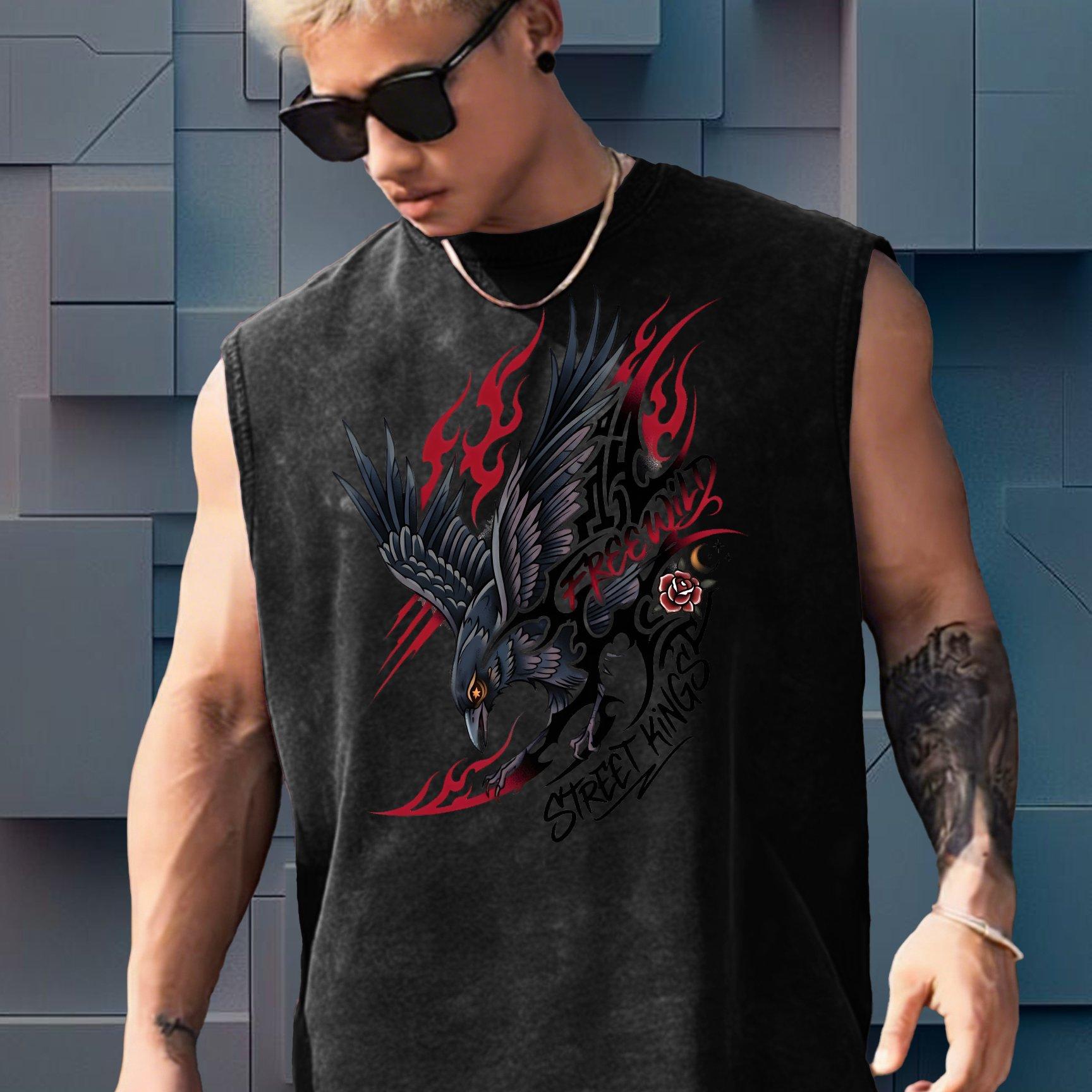 

American Street Crow Flame Sleeveless Vest with Graffiti Style Print Vintage Washed Men s Loose Cotton Vest S