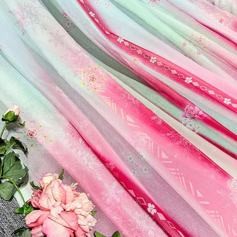 Gradient Color Chiffon Fabric Diy Rainbow Christmas Flowers Print for Hanfu Dress Skirt Shirt Sewing Cloth Sold By The Meter