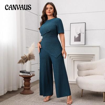 Plus Size Feminino Casual Casual Cor Sólida Manga Curta Top Perna Larga Calça Terno