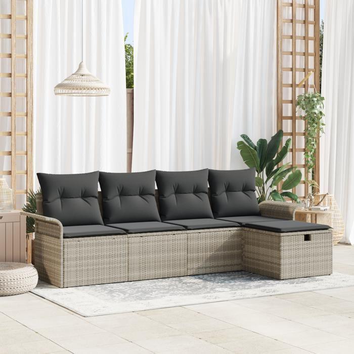 Ensemble canapé jardin vidaXL 5 pièces avec coussins Gris clair Poly Rotin, Canapé jardin 2 places vidaXL avec rangement et 3360193