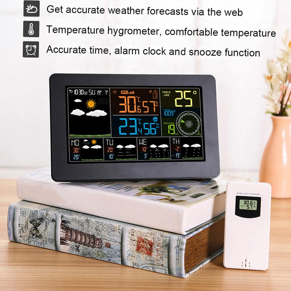 Stazione Meteorologica Smart WiFi Temperatura Umidità Interna Esterna Pressione Atmosferica Velocità del Vento Display Controllo APP Orologio Multifunzione