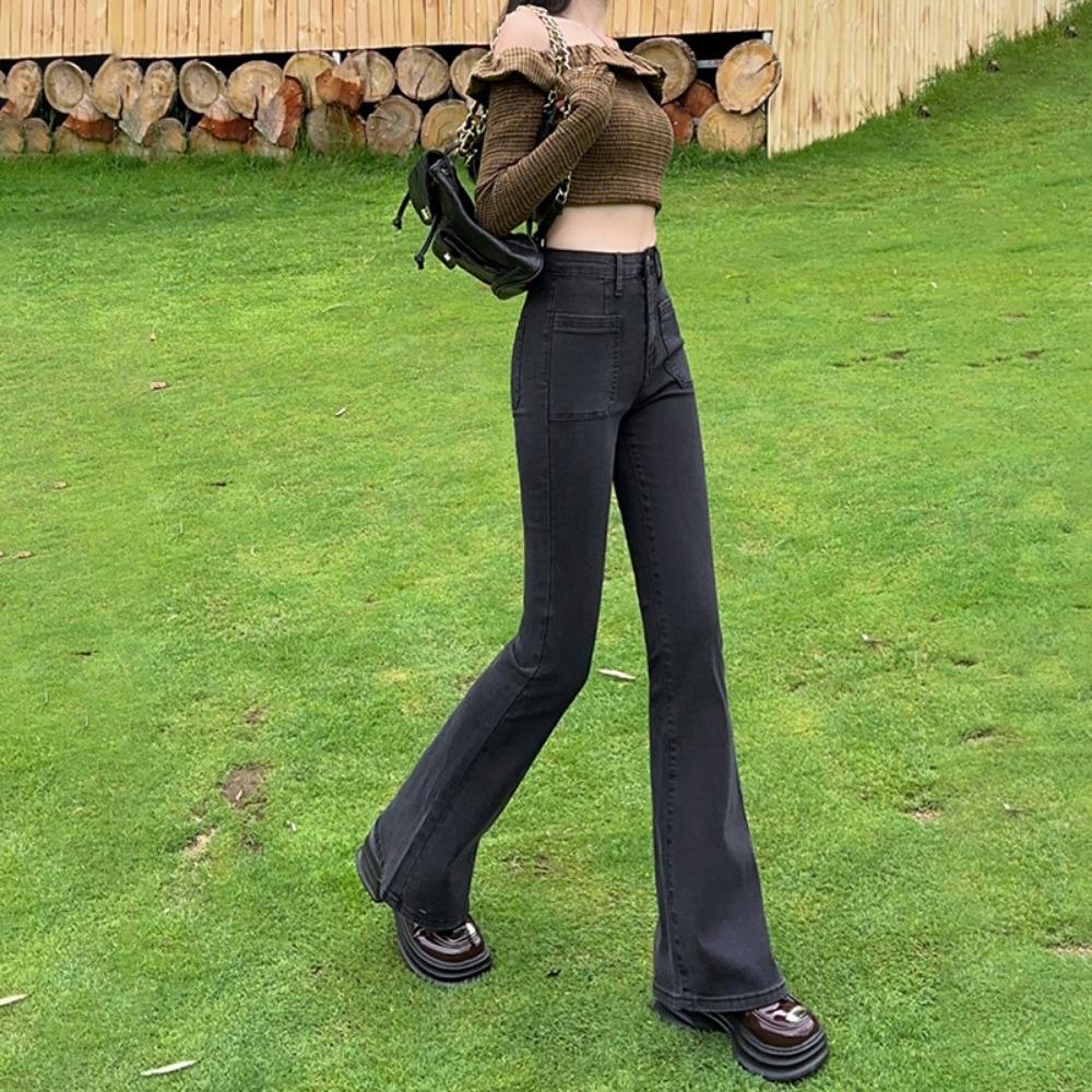 American Retro Flared Jeans Women's Spring and Autumn New Elastic Slim and Thin Design Mopping Pants