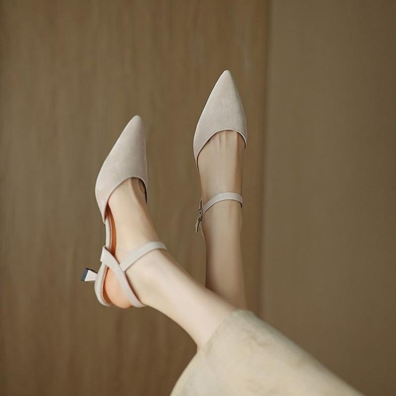 

pointed half-bag head sandals women s summer thick heel high heel sandals middle heel single shoes one-button summer models 40 абрикосовый