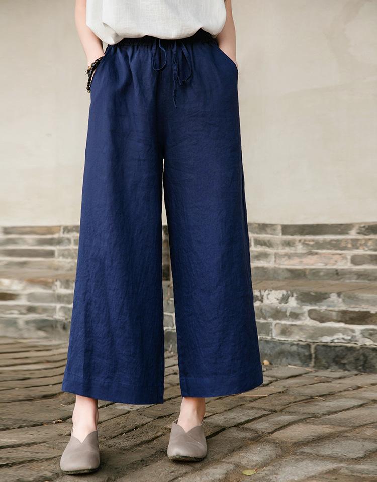 Johnature Vintage Damen Hose Lässig Gerade Neun-Punkt-Hose Sommer Elastischer Bund Schnürung Weites Bein