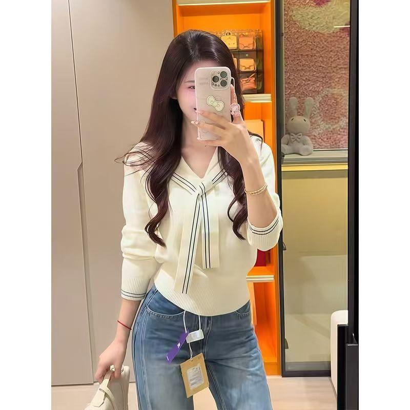 

College style Navy collar autumn and winter knitted sweater versatile design sense fashion short top women one size fits all белый