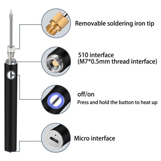 1 Set Electric Soldering Iron 1100mAh Battery 510 Interface Removable Tip One Key Start USB Charging 8-15W Cordless Soldering Iron Soldering