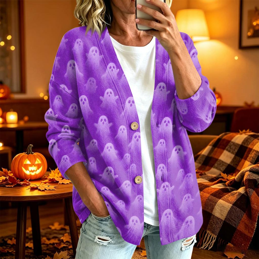 Women's Casual Long Sleeve Jacket with Halloween Print for Holiday