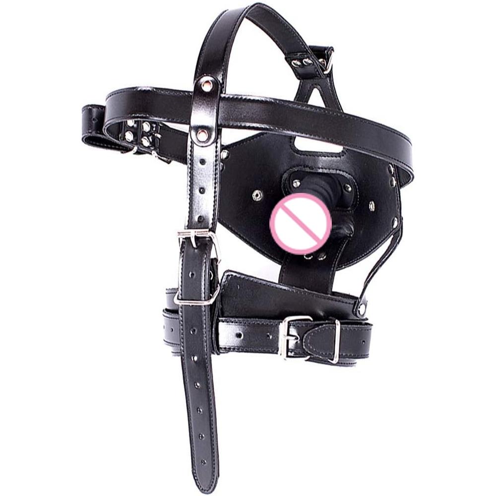 Leather Bondage Pussy with Detachable Silicone Dildo Mouth Gag Adjustable Head Harness  Fetish Dog Slave Female Restraints