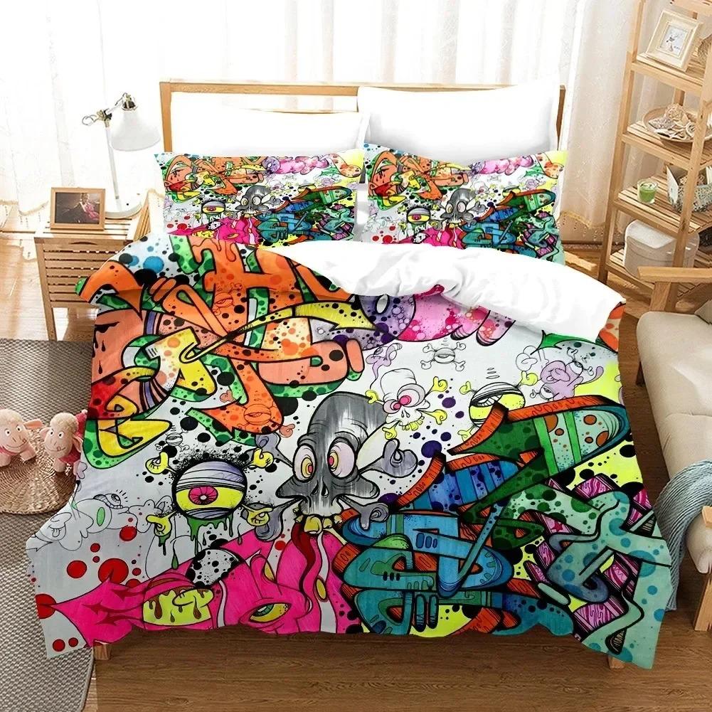 Comforter Cartoon Style Hip-Hop Graffiti Bedding Set 3D Printed Suitable For Bedroom Kids Home Textile