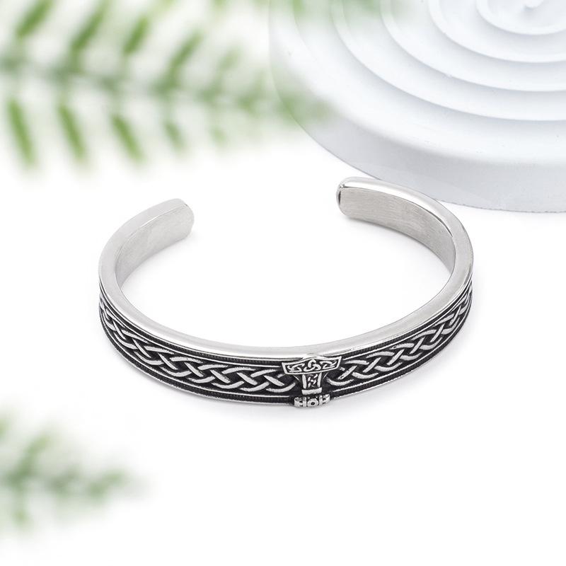 Viking Runes Thor Hammer Open Cuff Bracelet Titanium Steel For Men Norse