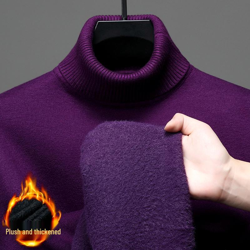 Men's Wool Blend High Neck Knit Sweater with Velvet Fleece Lining