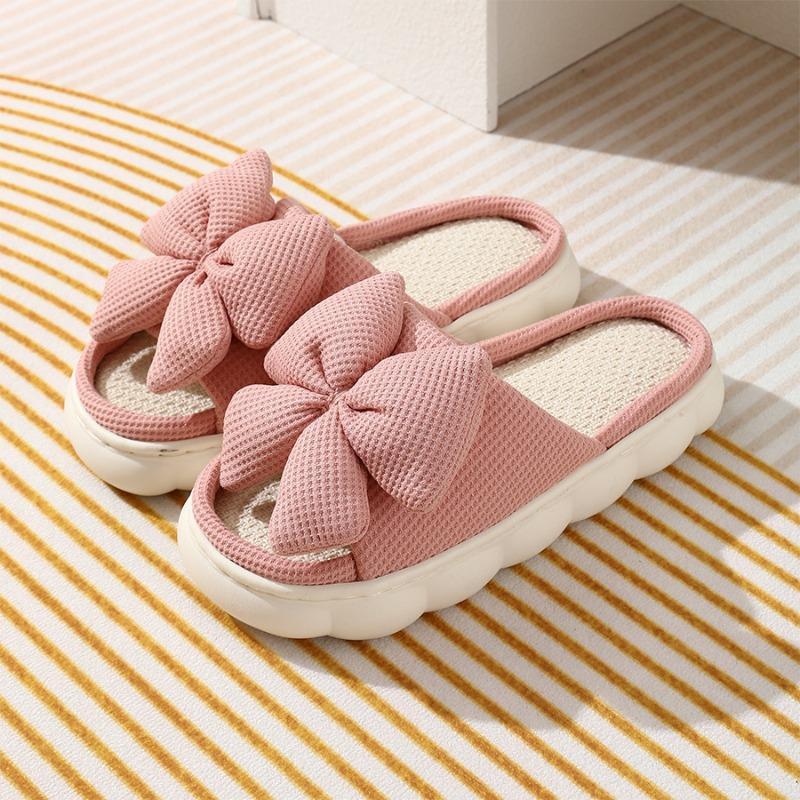 New Cotton and Linen Slippers Women's Large Size Bow Solid Color Home Floor Open Toe Linen Mop