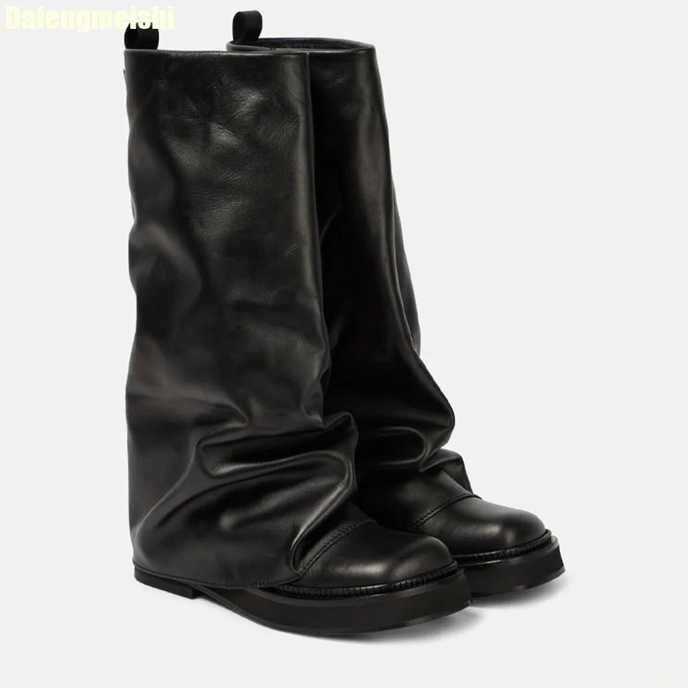 Fashion 2025 New Women's Black Leather Mid-Calf Boots with Hidden Wedge Heel Slip On Fashion Boots Comfortable for Everyday Wear