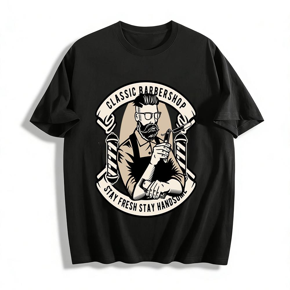 Classic Barbershop Graphic Tee Trendy Stylish Short Sleeve For Men Pure cotton T-shirt XXS