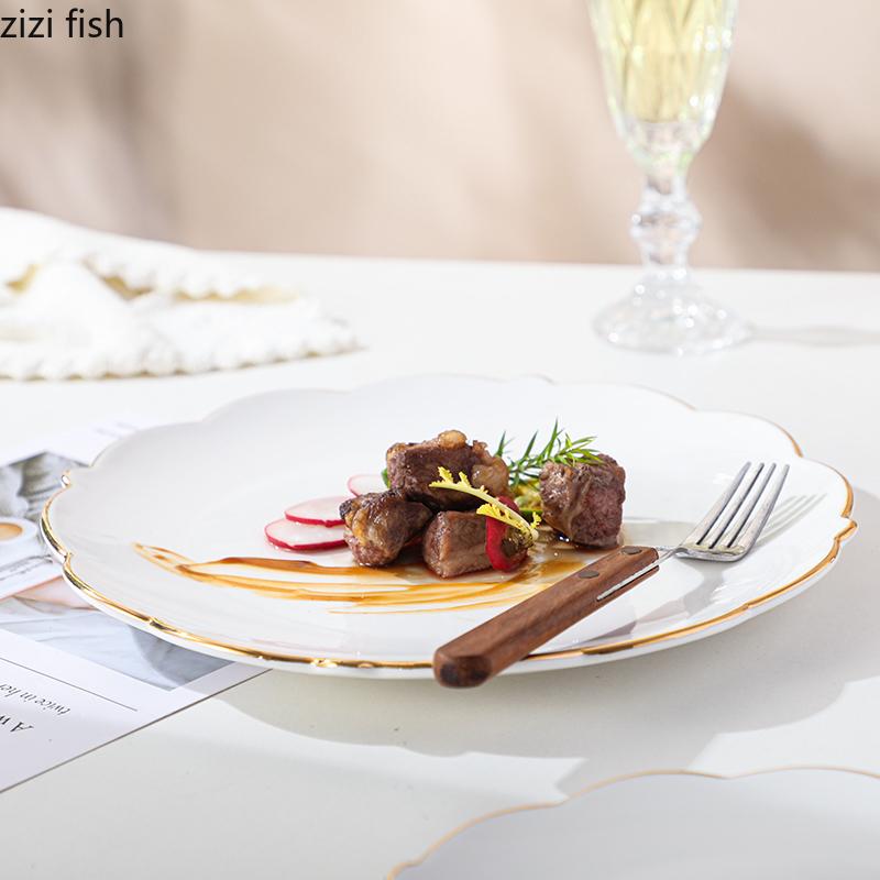 Golden Edged Ceramic Steak Plate Dining Plates Pasta Dish Dessert Bowl Sashimi Plate Fruit Bowl Serving Plates Dim Sum Dish Tray