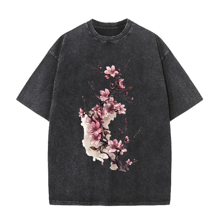 2026 Vintage gewaschenes Beige Chinesische Tinte Kirschblüten Grafik T-Shirt Blumendruck Oversized Lässiges Kurzarm-T-Shirt